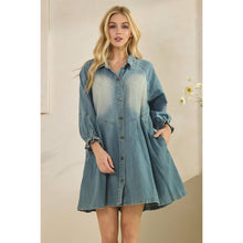 Med Wash Overfit Button Down Denim Veveret Shirt Dress