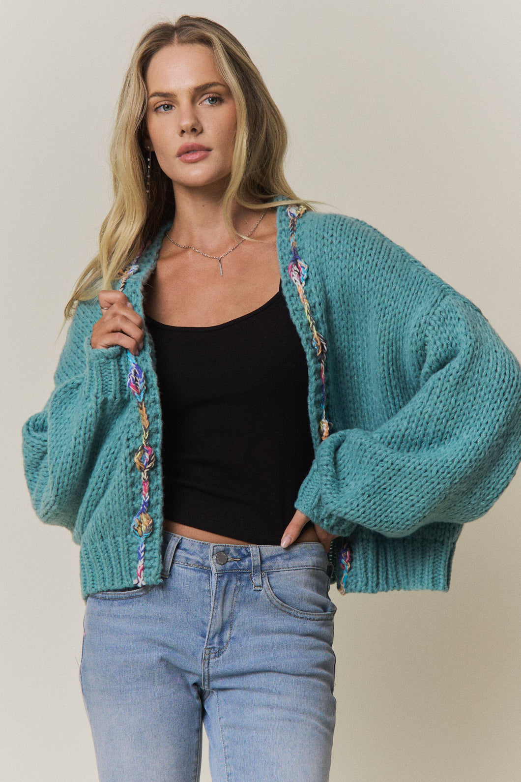 Green Chunky Multicolor Trim Knit Cardigan