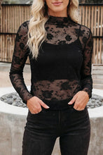 Black Sheer Floral Lace Mesh Mock Neck Long Sleeve Top