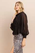 Black Smocked Neck Sheer Sleeve Blouse Top