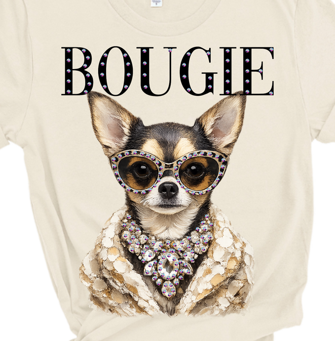 Natural Coco Bougie Chihuahua Glam Dog Rhinestone Graphic Tee