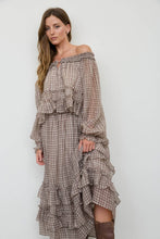 Brown Plaid Ruffled Tiered Hem Midi Skirt