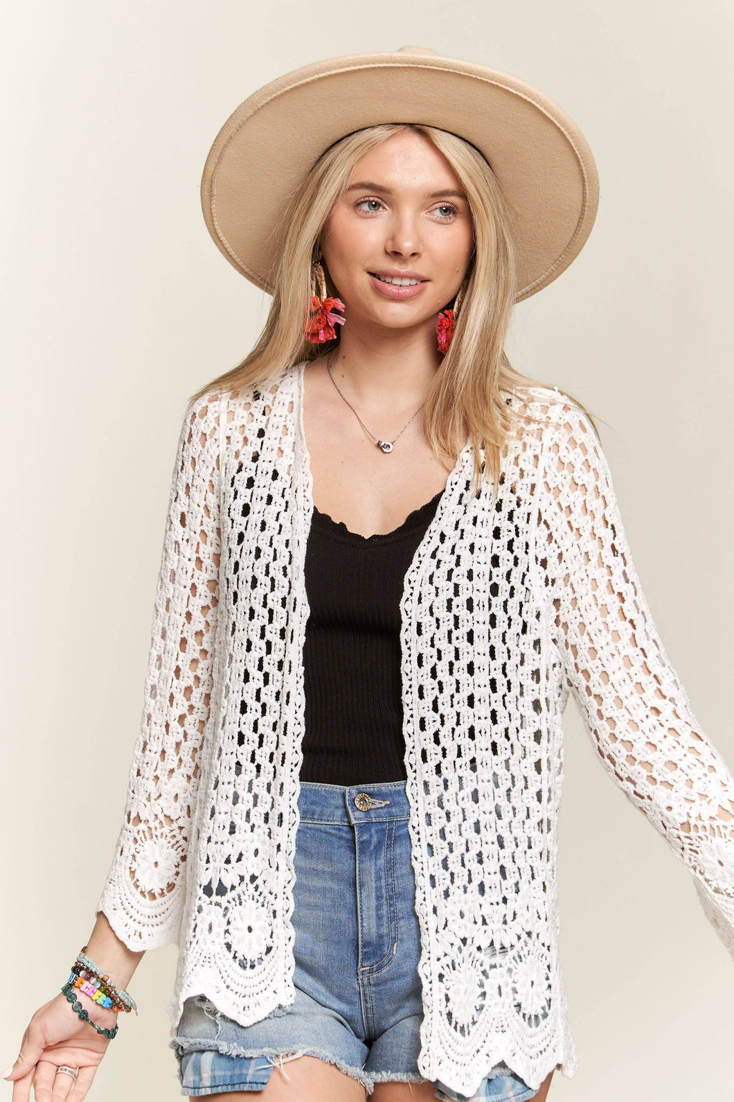 White Crochet Scalloped Hem Cardigan