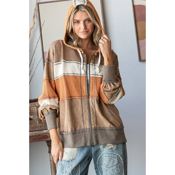 Brown Washed Colorblock Hooded Soft Thermal Oli+Hali jacket