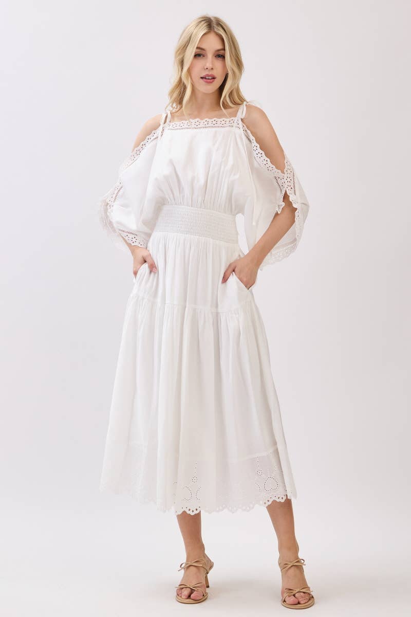 Ivory Solid Laced Cold Shoulder Tiered Maxi Dress