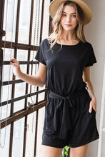 Black Solid Bulgari Romper with Belt and Keyhole Back
