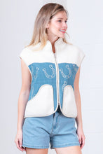 HORSESHOE PRINTED DENIM AND FUR CONTRAST VEST