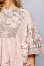 Blush Pink Rib Floral Pattern Round Neck Short Sleeve POL Top