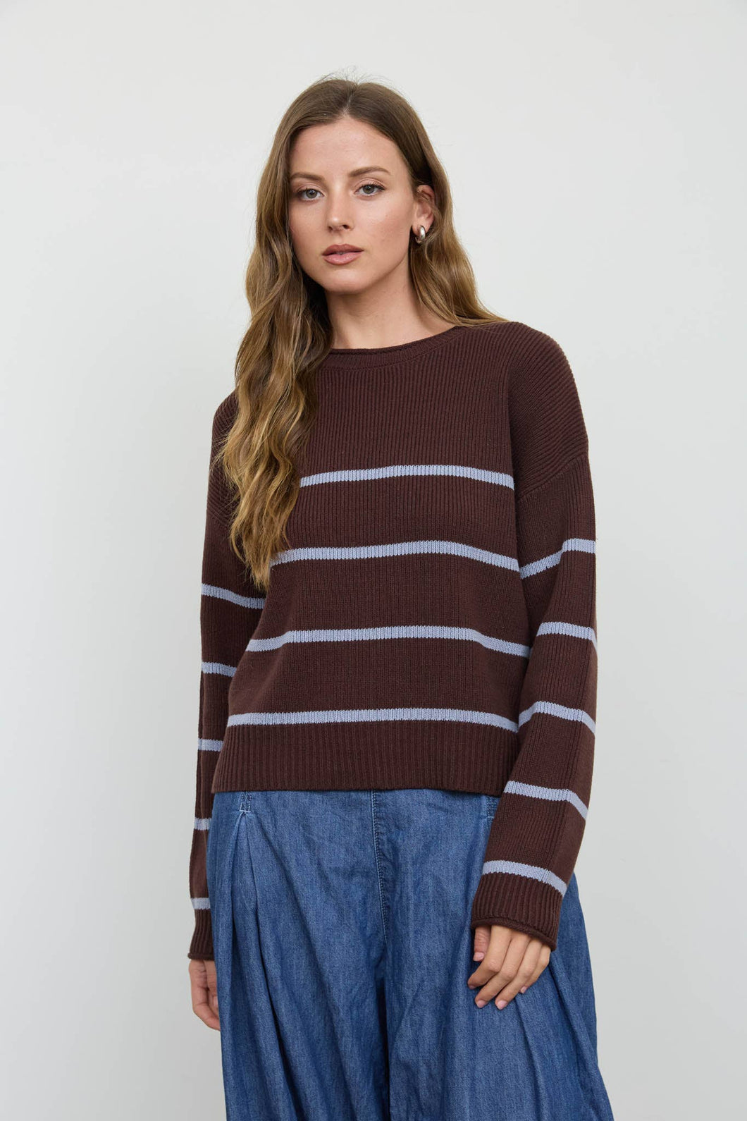 Chocolate Brown Stripe Raw Crew Neck Long Sleeve Sweater
