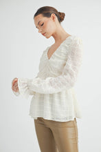Ivory Sheer Textured V-Neck Blouse with Back Ribbon