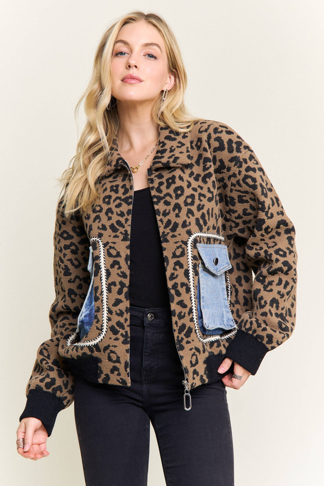 Brown Leopard Jacket with denim pockets