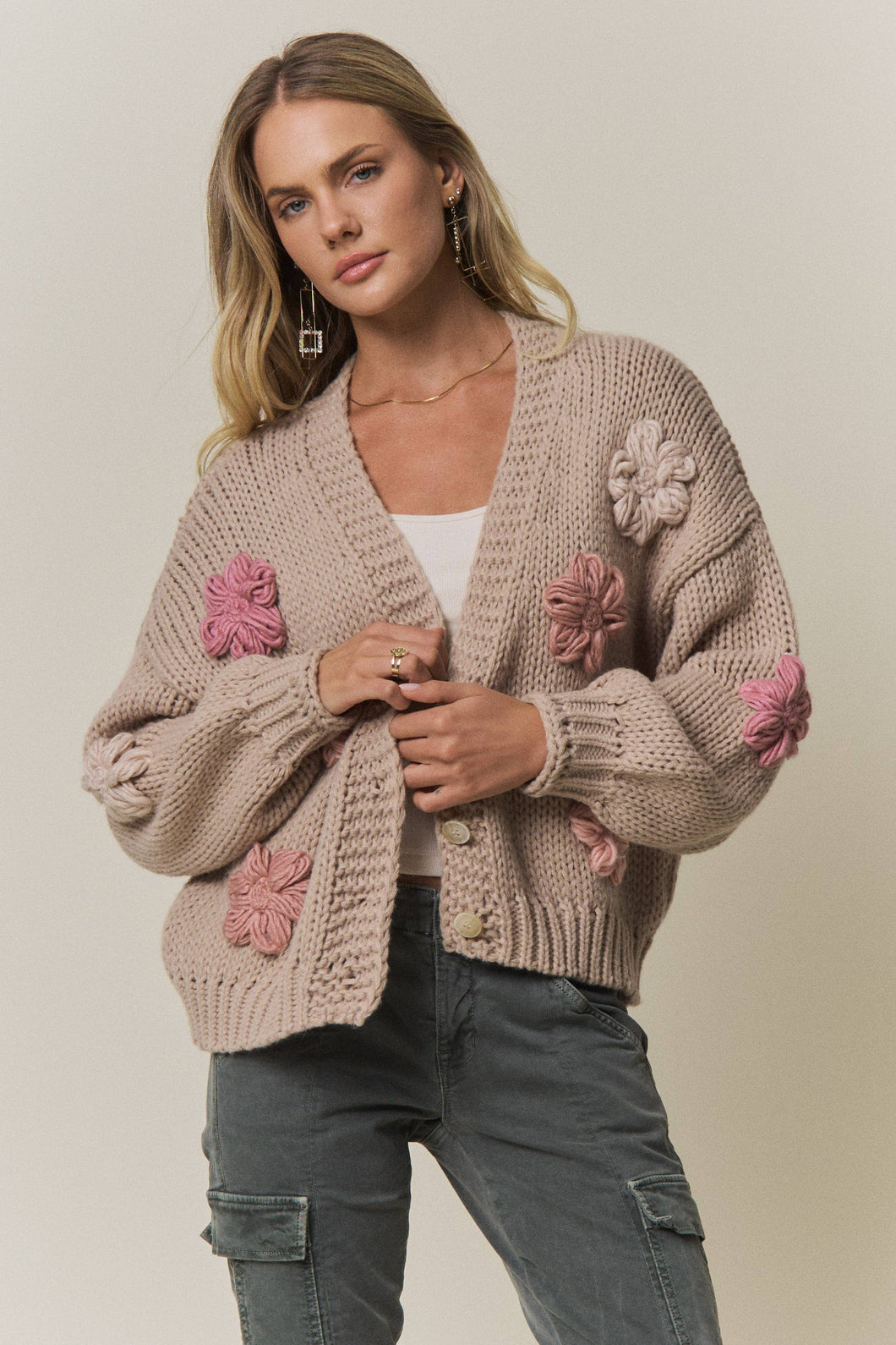CHUNKY FLORAL CHIC KNIT CARDIGAN- CESW4370: KHAKI / S-M-L(2-2-2)