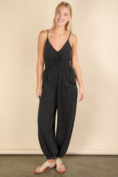 Black Mineral Washed Cotton Gauze Casual Jumpsuit