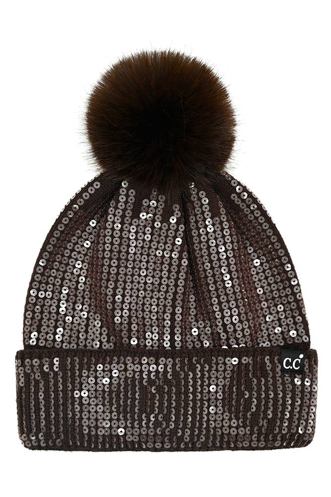 Chocolate C.C All Over Clear Sequin Pom Beanie