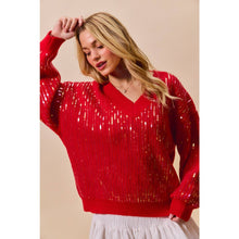 Red Christmas Sequins V Neck Sweater