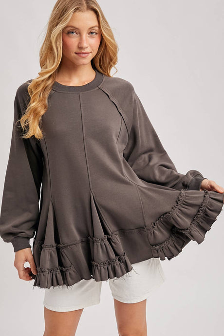 Ash French Terry Ruffled Tiered Hem Tunic Sweatshirt