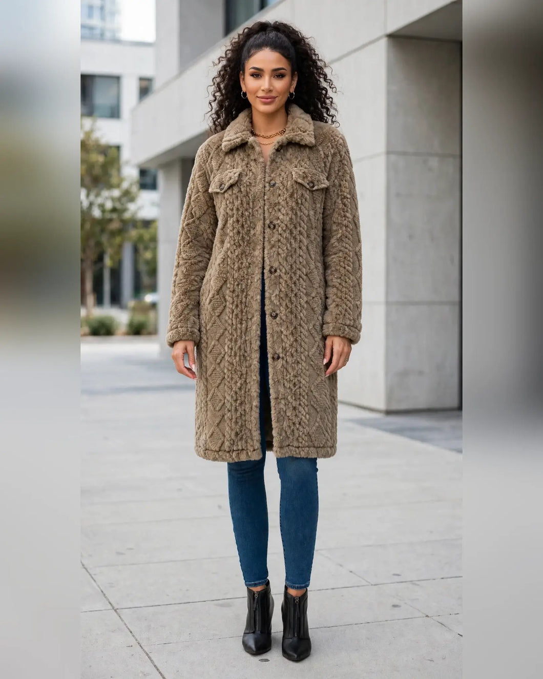 Khaki Quilted Sherpa Long Button Jacket