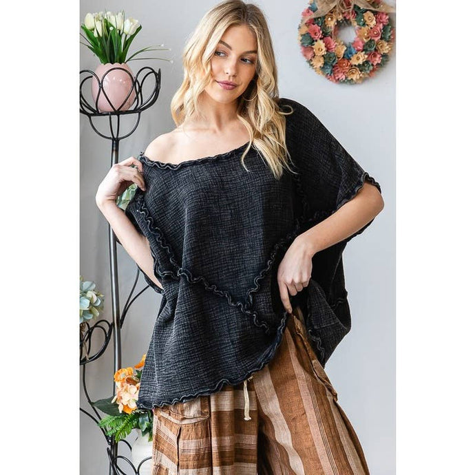 Black Washed Double Gauze Ruffled Oversized Oli+Hali Tee