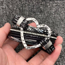 Grey Heart Charm Rhinestone Leather Magnetic Buckle Bracelet