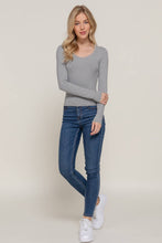 Long Sleeve Scoop Neck with Lace Trim Rib Knit Top: Heather Grey