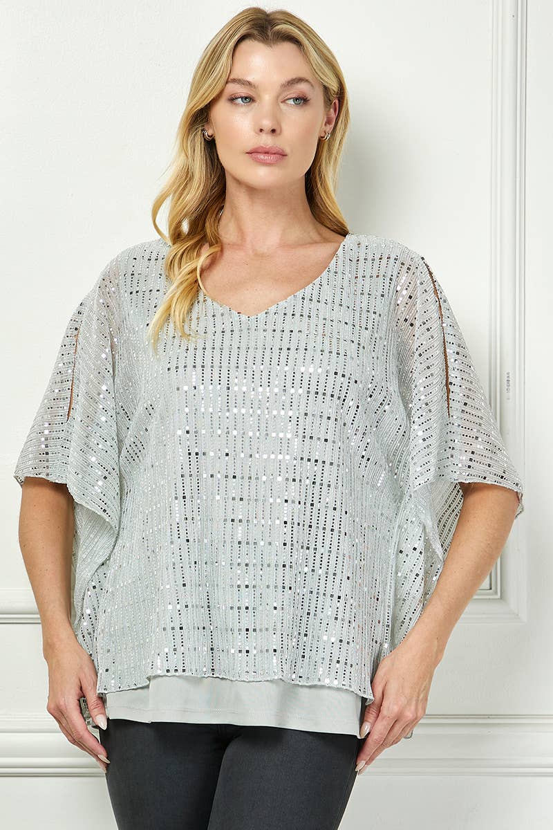 Silver Moonlight Hologram Sequin Layered Poncho Blouse