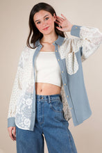 Blue Contrast Ribbed Knit & Lace Shacket Jacket