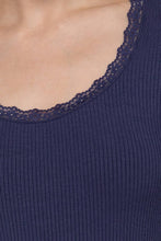 Navy Long Sleeve Scoop Neck with Lace Trim Rib Knit Top