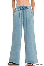Light Olive Acid Wash Fleece Palazzo Sweatpants With Pockets