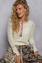 Cream Round neck solid cut and sew knit mix knit POL top