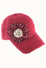 Rose Floral Bejeweled Bling Glitz Distressed Cap, Adjustable: