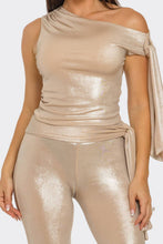 Nude Asymmetrical Shoulder Shirring Tie Top & Pants Set