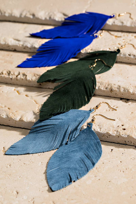 Blue Genuine Leather Leaf Earrings