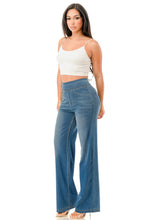 Medium Denim Ultra soft light weight flare baggy jeans with pull on waist