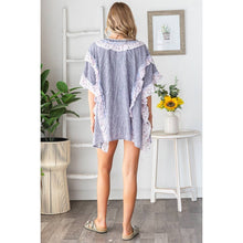 Blue Purple Washed V Neck Ruffle Mix Media Button Oli+Hali Top