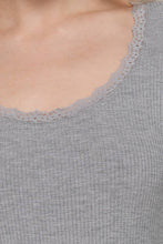 Long Sleeve Scoop Neck with Lace Trim Rib Knit Top: Heather Grey