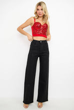 Black Rhinestone High Waisted Stretch Wide Leg Denim Pants