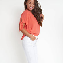 Coral Nika Crepe Tied Short Sleeve V-Neck Blouse