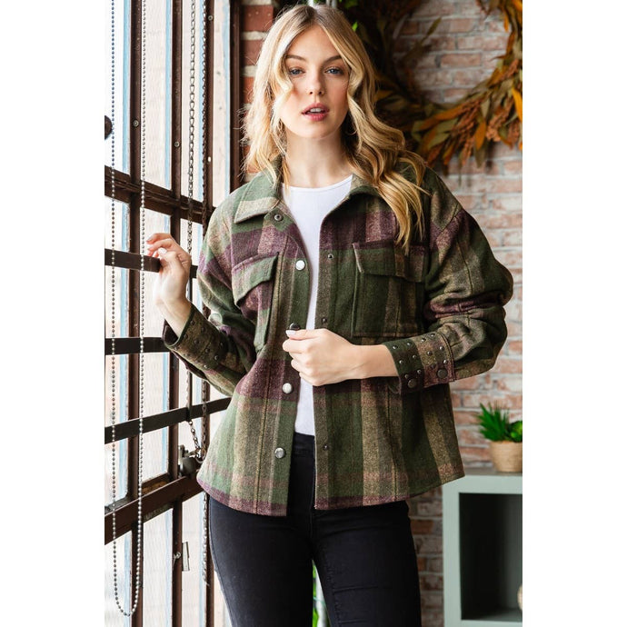 Olive Plaid Stud Cuff Shirt Veveret Jacket