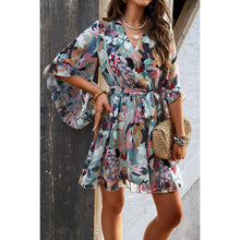 Green Floral V Neck Waist Tie Ruffle Hem Wrap Dress