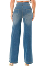 Medium Denim Ultra soft light weight flare baggy jeans with pull on waist