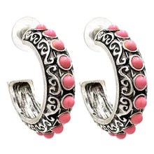 Gemstone Western C Hoop Metal Earrings: Pink