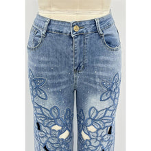 Blue Embroidered Cutout Straight Leg Jeans
