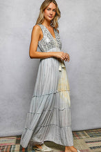 Light Grey Multi Deep V-Neck Cotton POL Dress with Tassel Loop Mirror Patch Tie-Dye