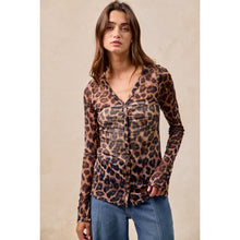 Leopard Button Up V Neck Mesh Top