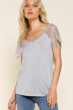 Mystic Grey Wide Neck Lace Trim Sleeve POL Top 6/19/23 6477