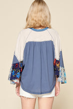 Indigo Blue Mix Print Tiered Sleeve Color Block Oddi Top 9/28/23 7130