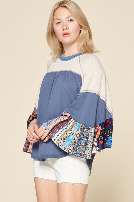 Indigo Blue Mix Print Tiered Sleeve Color Block Oddi Top 9/28/23 7130
