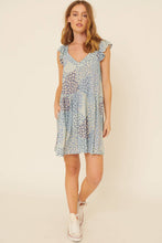 Faded Denim Floral Patch-Print V Neck Ruffle Mini Sundress