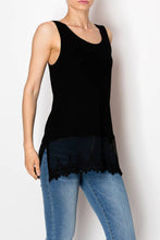Black Soft Relaxed Tank With Delicate Floral Laced Hem