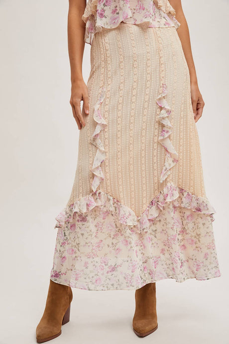 Pink Combo Floral Trimmed Maxi Lace skirt